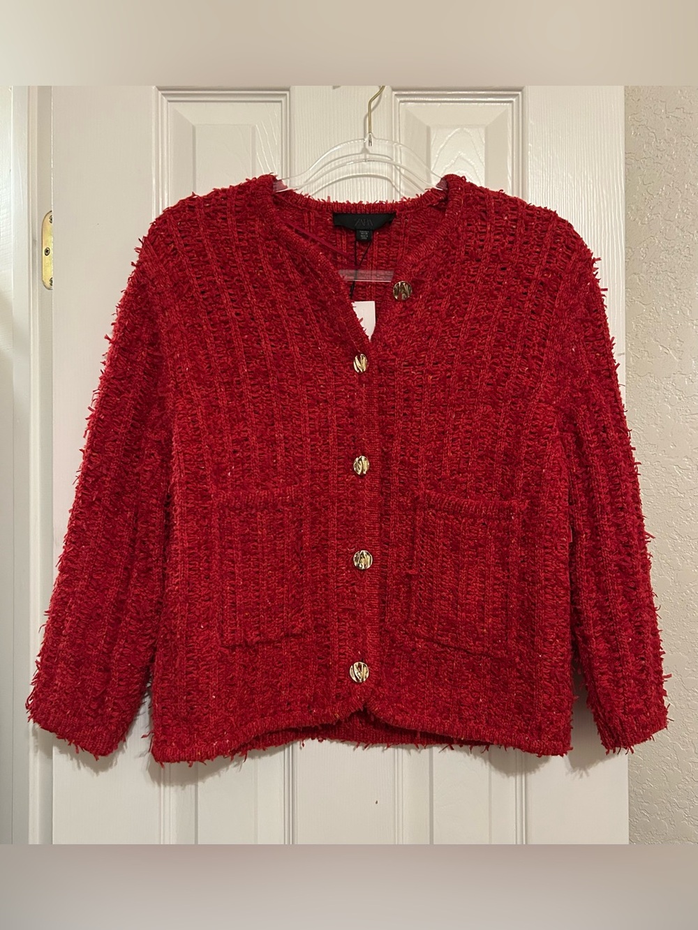 Zara Red Textured Gold Button Jacket